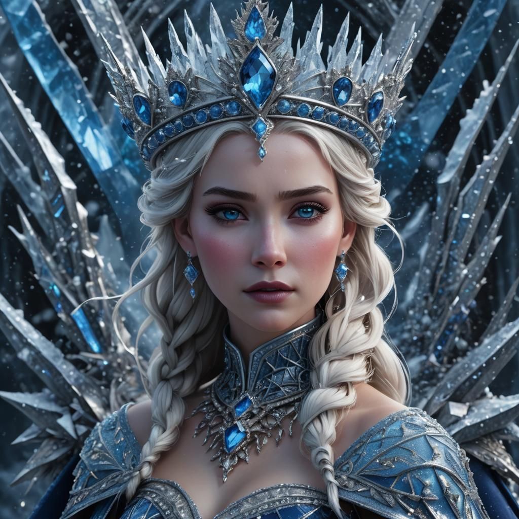 Icy Sapphire Queen Portrait in Hyperrealistic Style