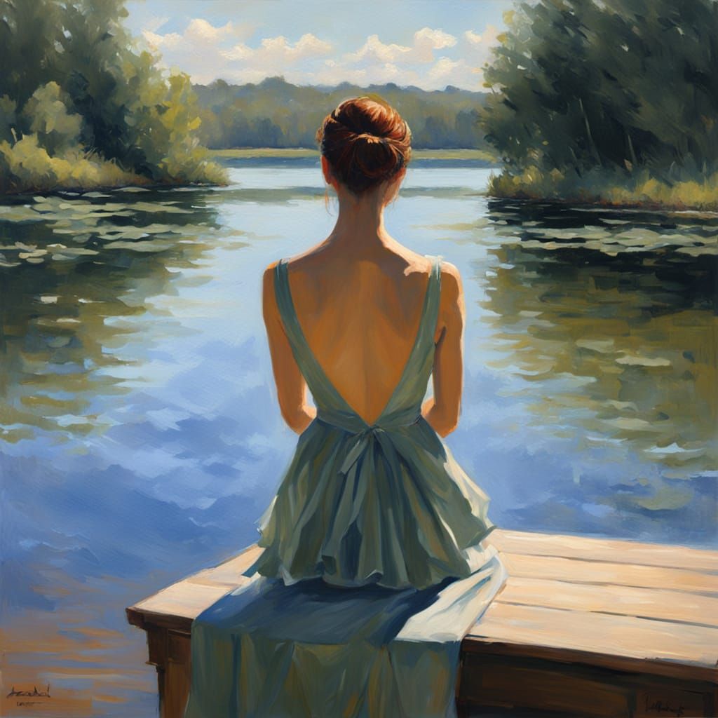Young Woman Contemplating a Serene Lake in Modern Impression...
