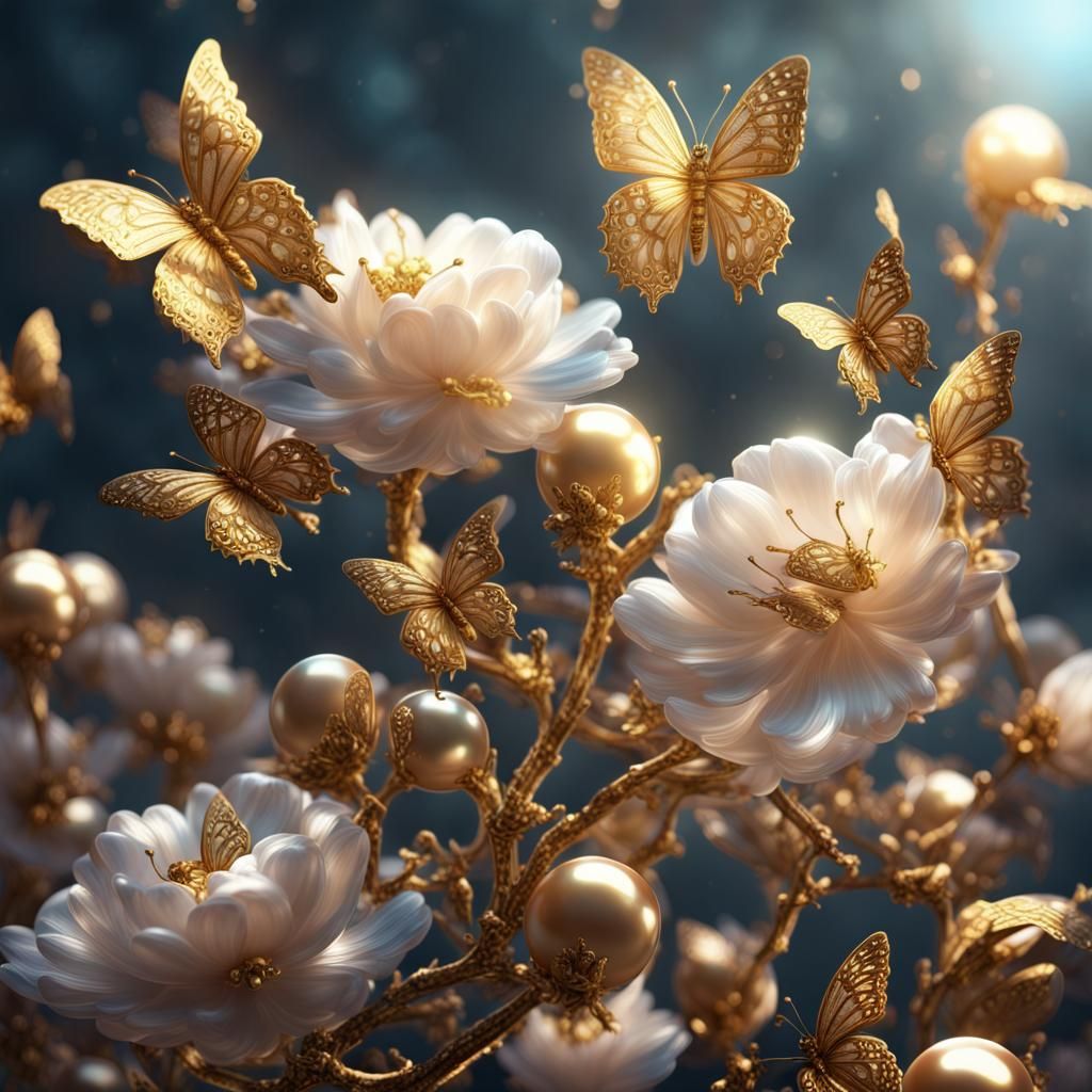 Pearl Flowers and Golden Butterflies in Sunlight