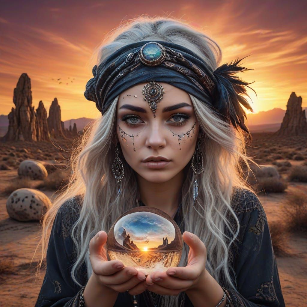 Dystopian Witch with Cosmic Eyes on Alien Planet