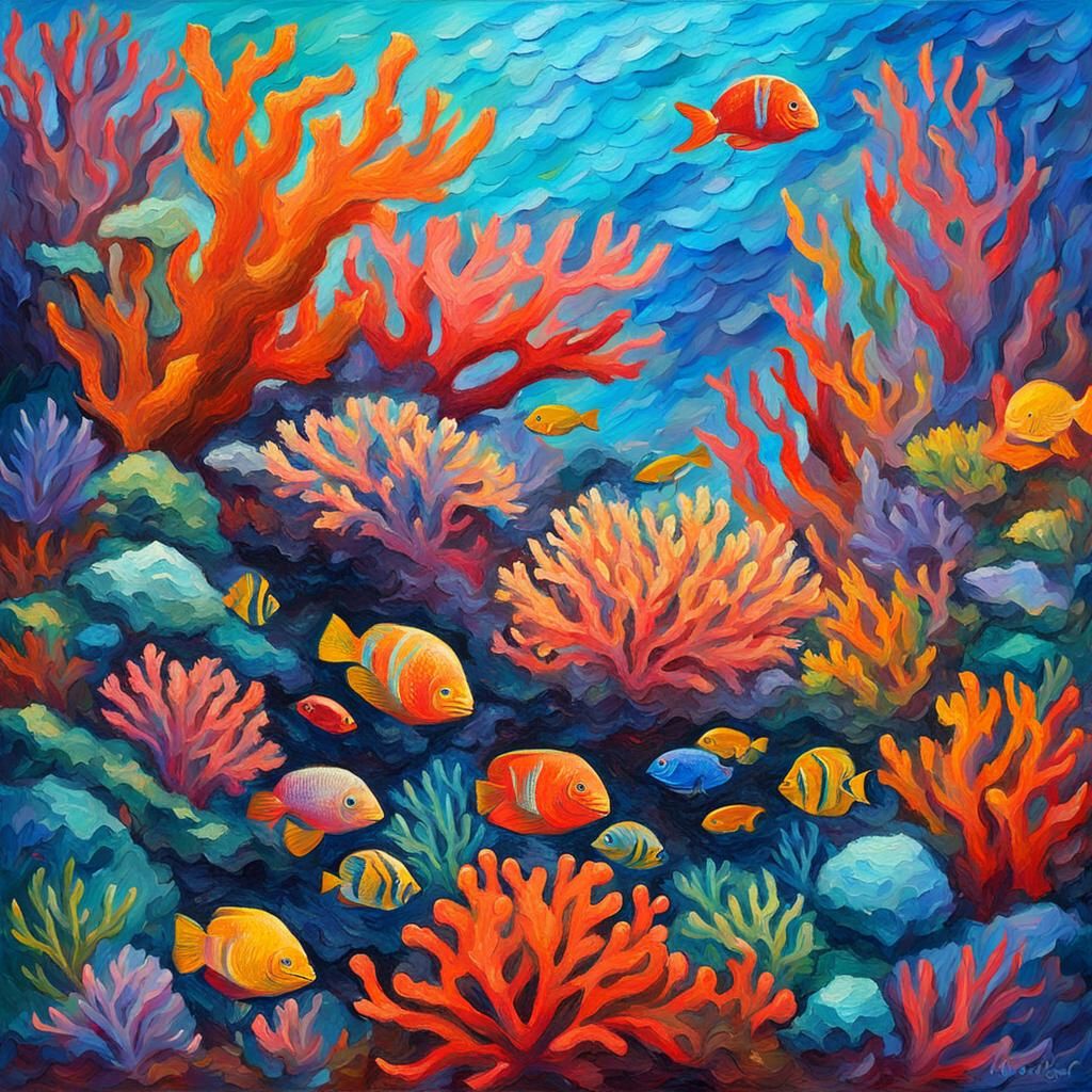 Colorful Coral Reef: Expressionist Oil Painting