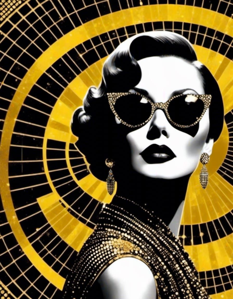 Art Deco Geometric Illustration in Black, White, and Gold