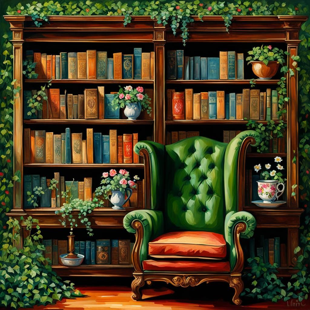Vintage Bookcase with Flowers in Gouache Style