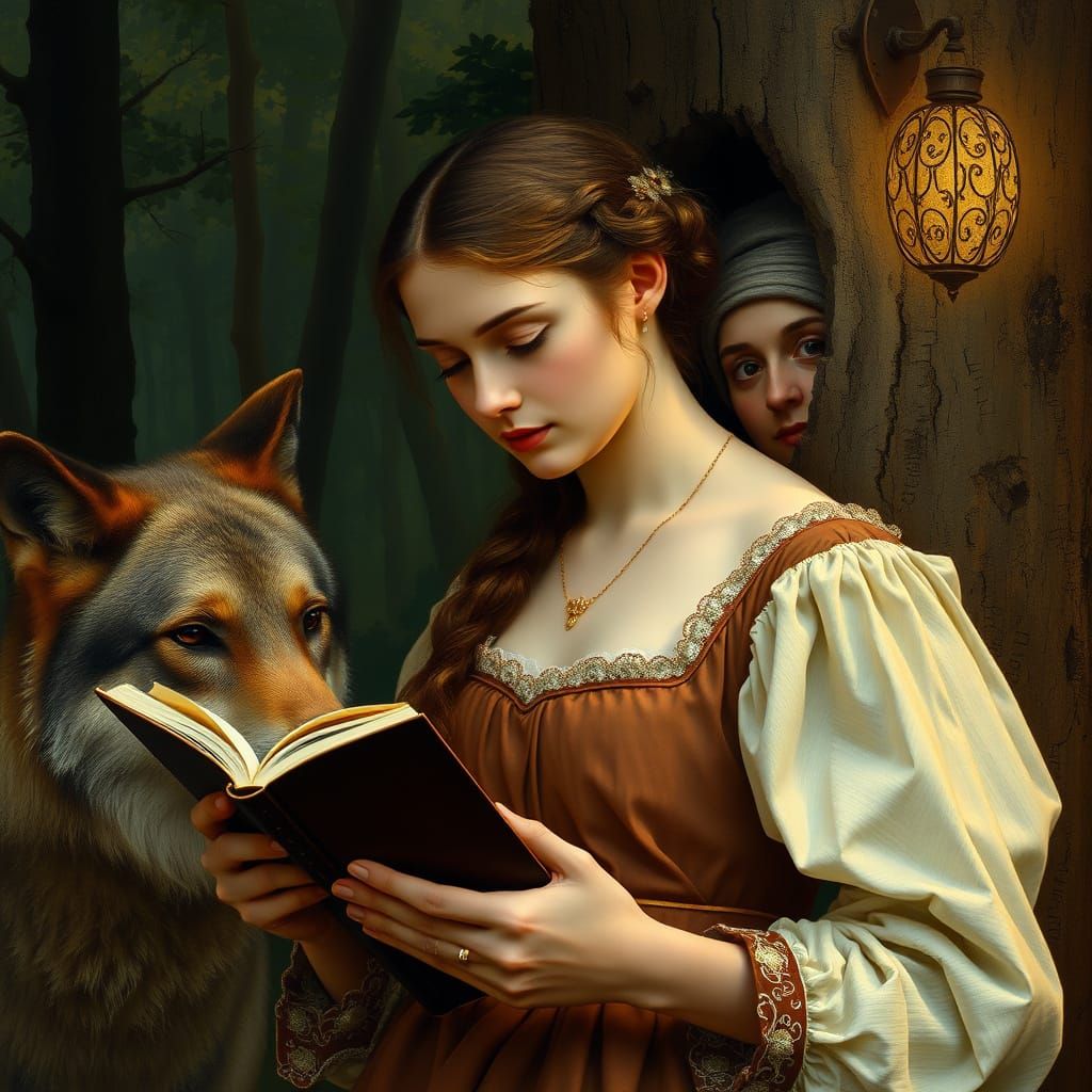 Renaissance Woman Reads to Wolf in Forest
