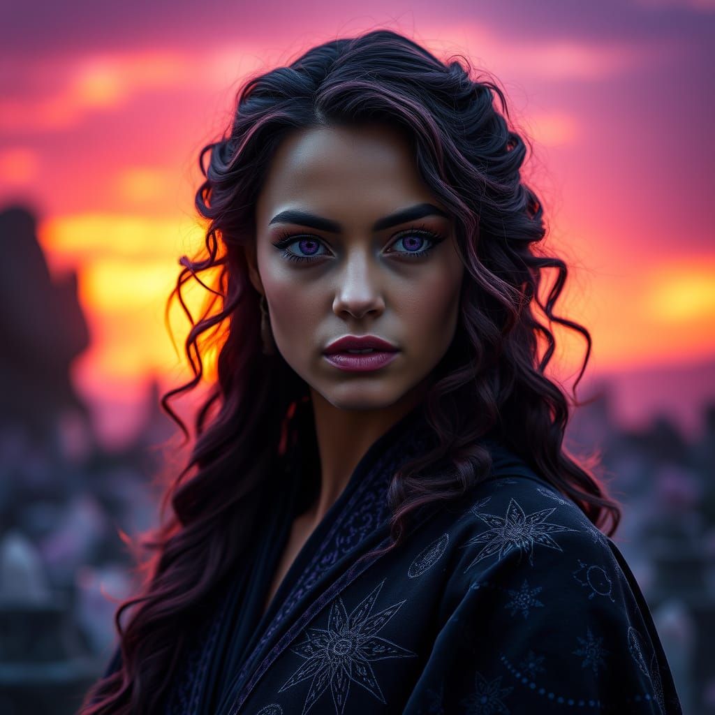 Ethereal Maiden in Purple Sunrise Amidst Crystal Geodes