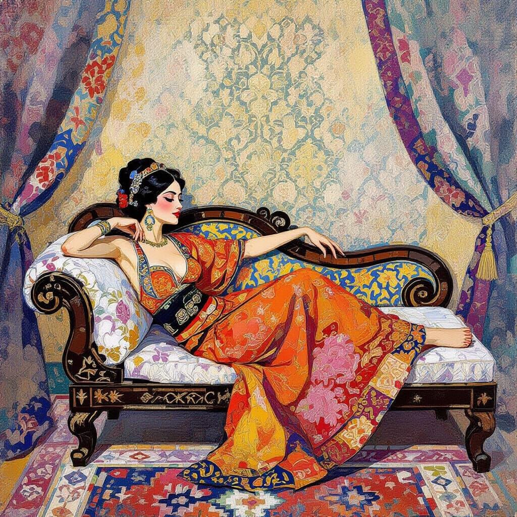 Turkish Odalisque in Gouache Style with Tapestry Curtains