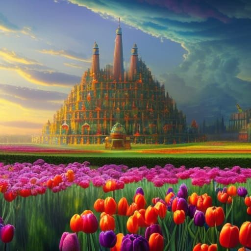 Hanging Gardens of Babylon with Tulips