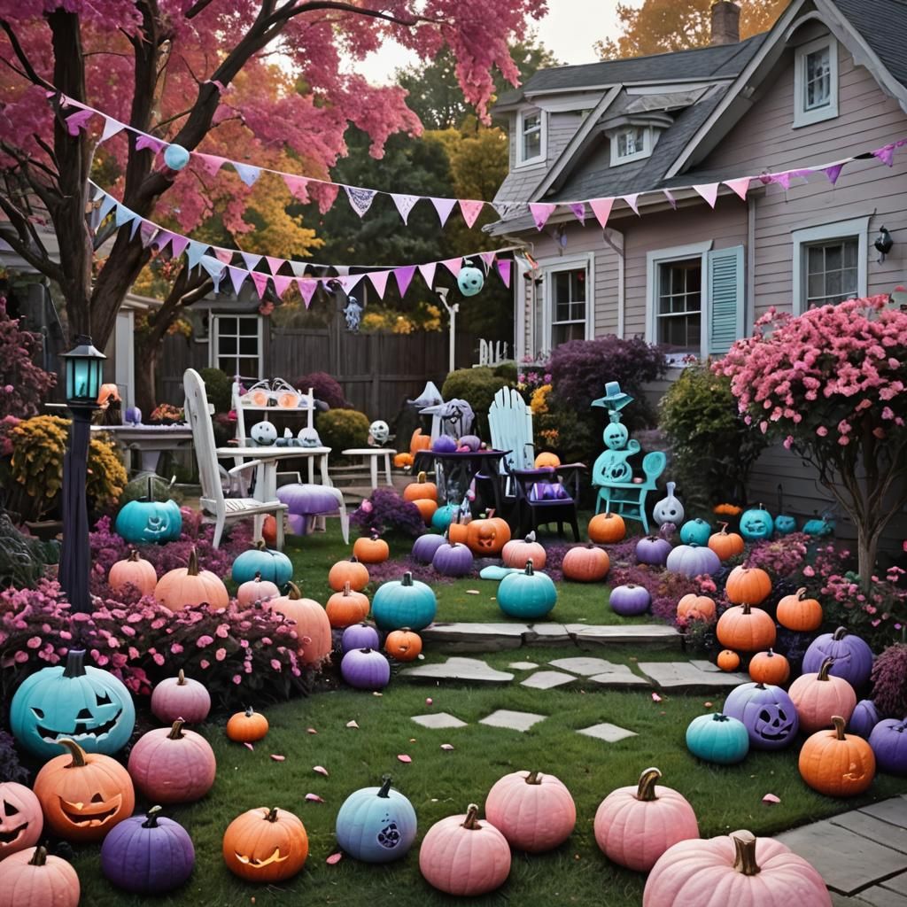 Pastel Halloween Backyard with Pumpkins and Jack-o-Lanterns