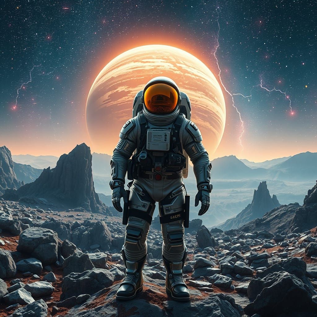 Heroic Space Explorer on Distant Planet's Rocky Terrain