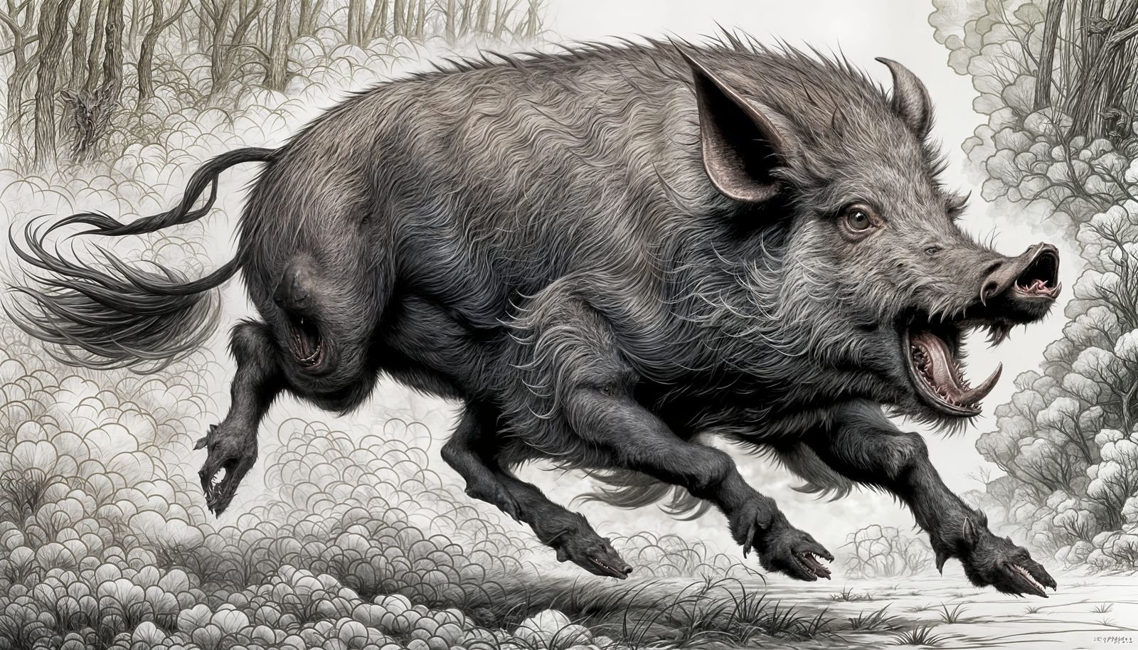 Wild Boar Charges, Yoshitaka Amano Style Fantasy Art