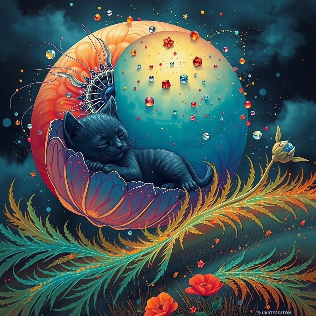 Surreal Poppy Scene with a Sleeping Kitten in Deep, Fantasy ...
