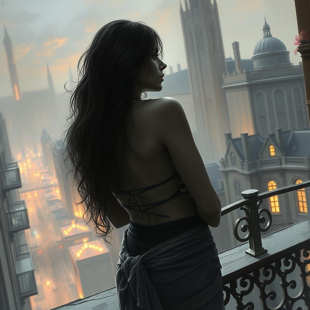 Woman on Balcony in Dark Horror Style