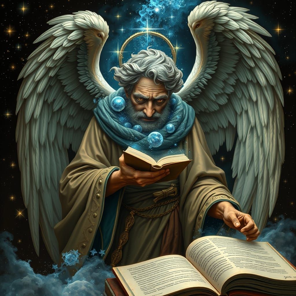 Ancient Angel Overlooks Infinite Celestial Library