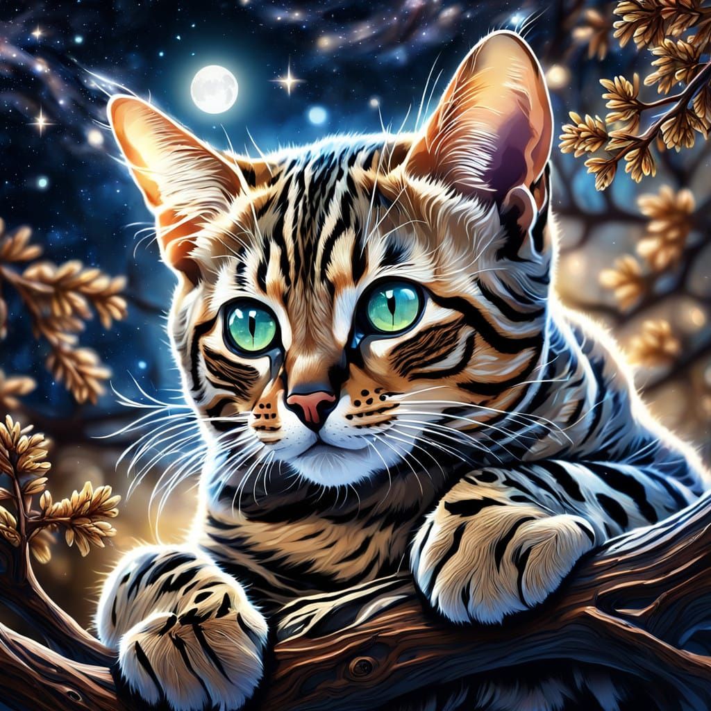 Majestic Bengal Cat Under Moonlight