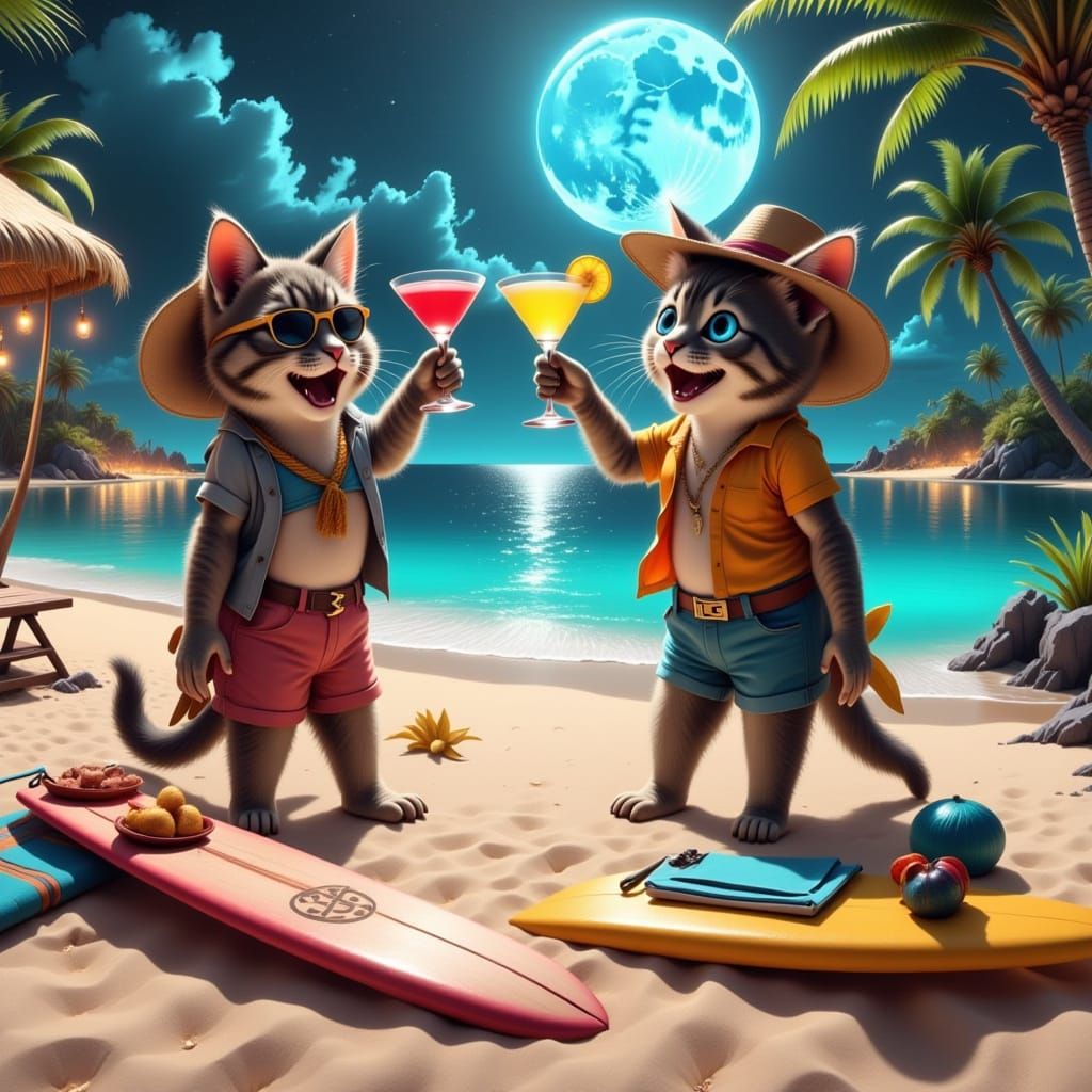 Vintage Whimsical Cats Dance the Can-Can on Moonlit Beach