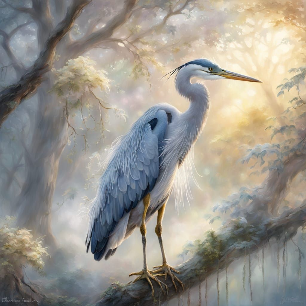 Ethereal Heron in Misty Forest, Kinkade Style