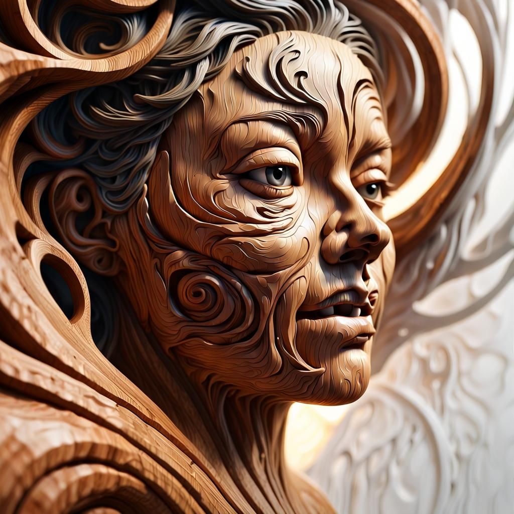 Face in Fluid Motion with Carved Wood Details