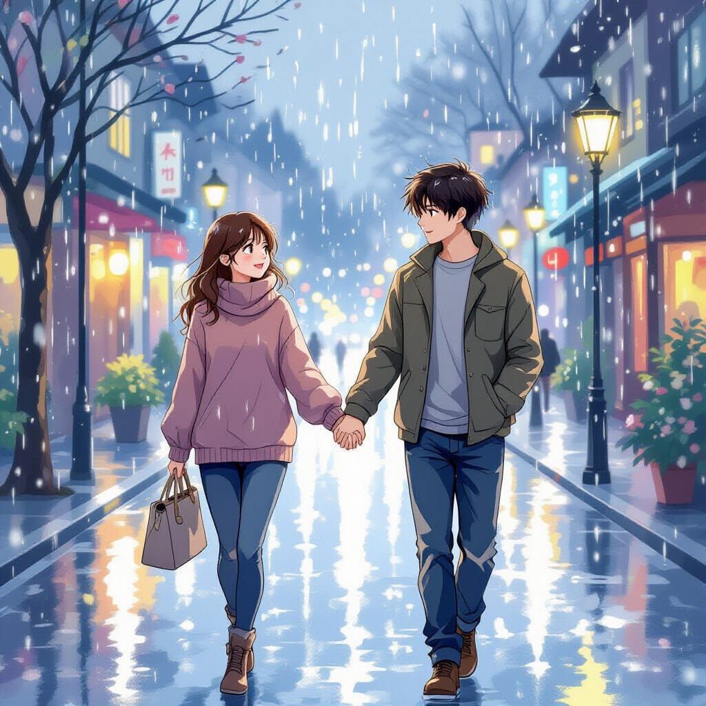 Couple Walking in Rainy City Street, Watercolor Anime Style