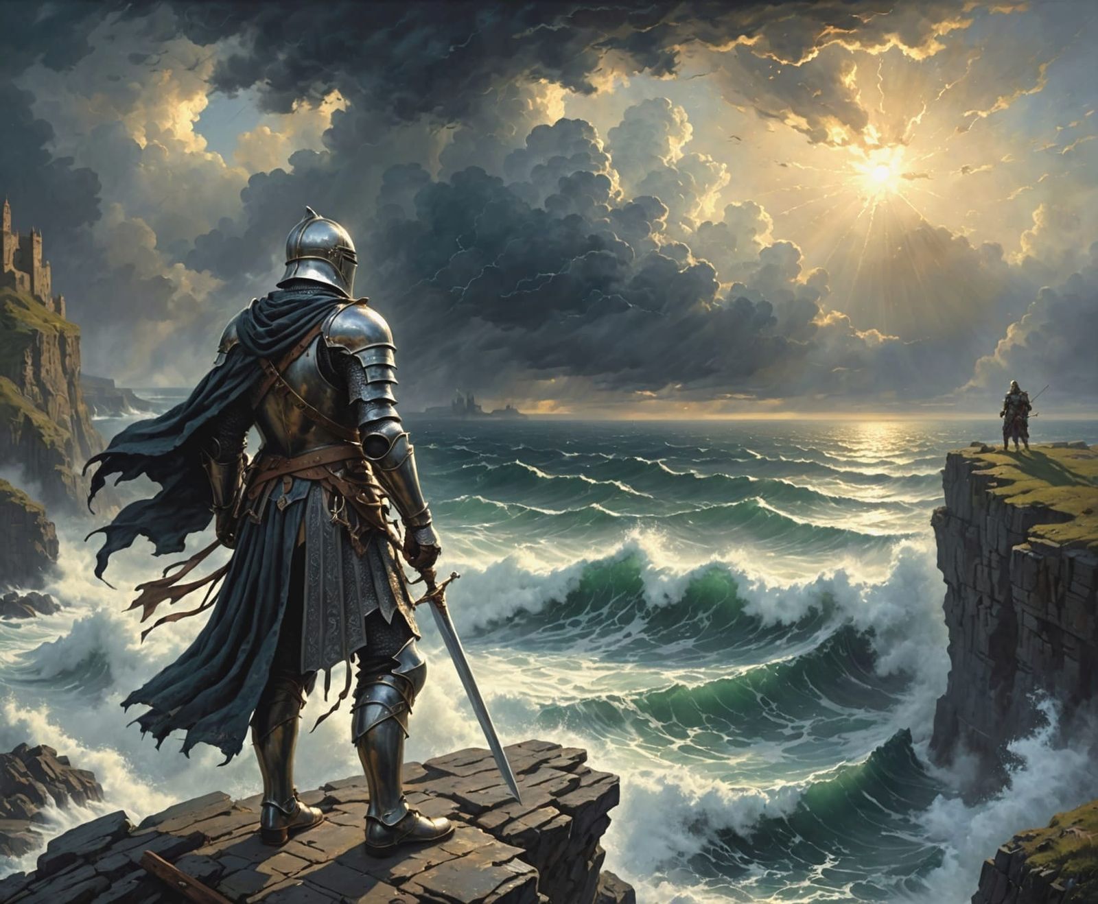 Knight Stands Defiantly on Stormy Cliff