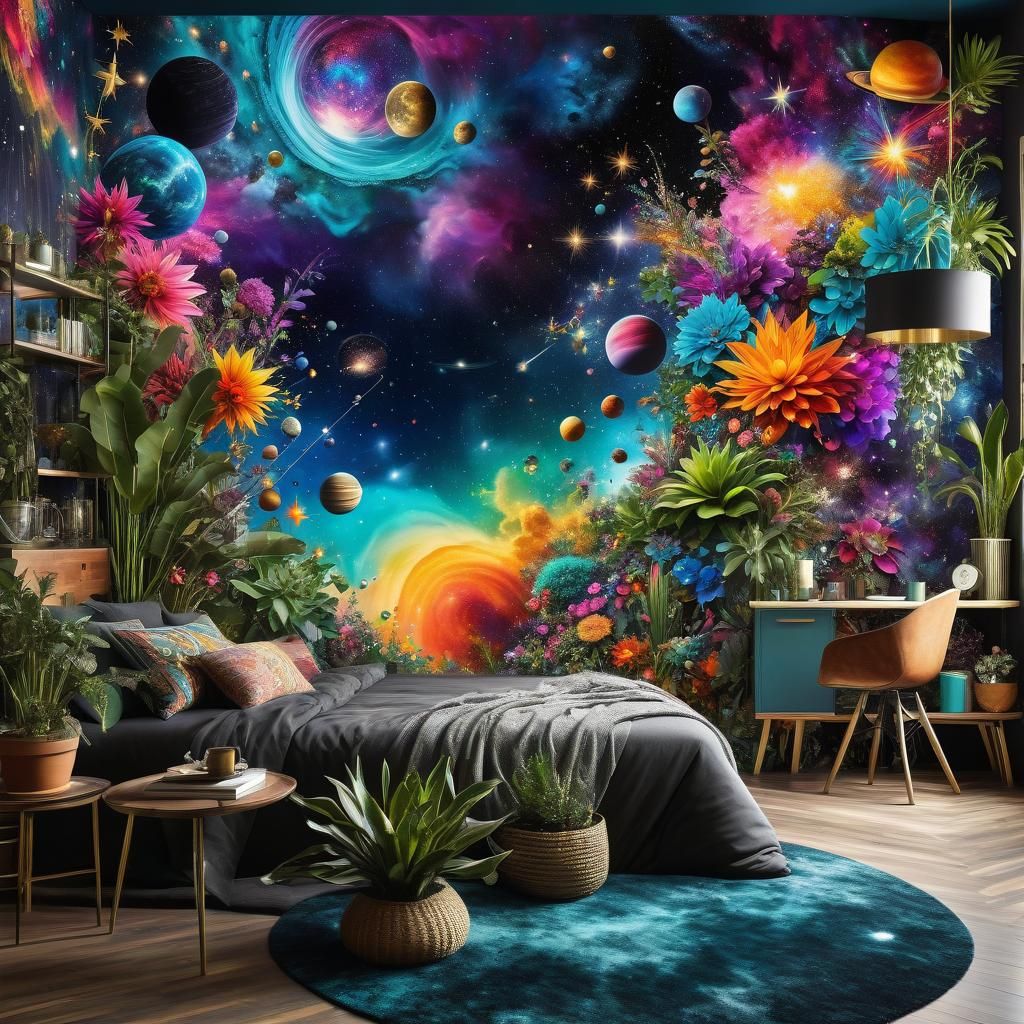 Hyperrealistic Cosmic Mural in Maximalist Style