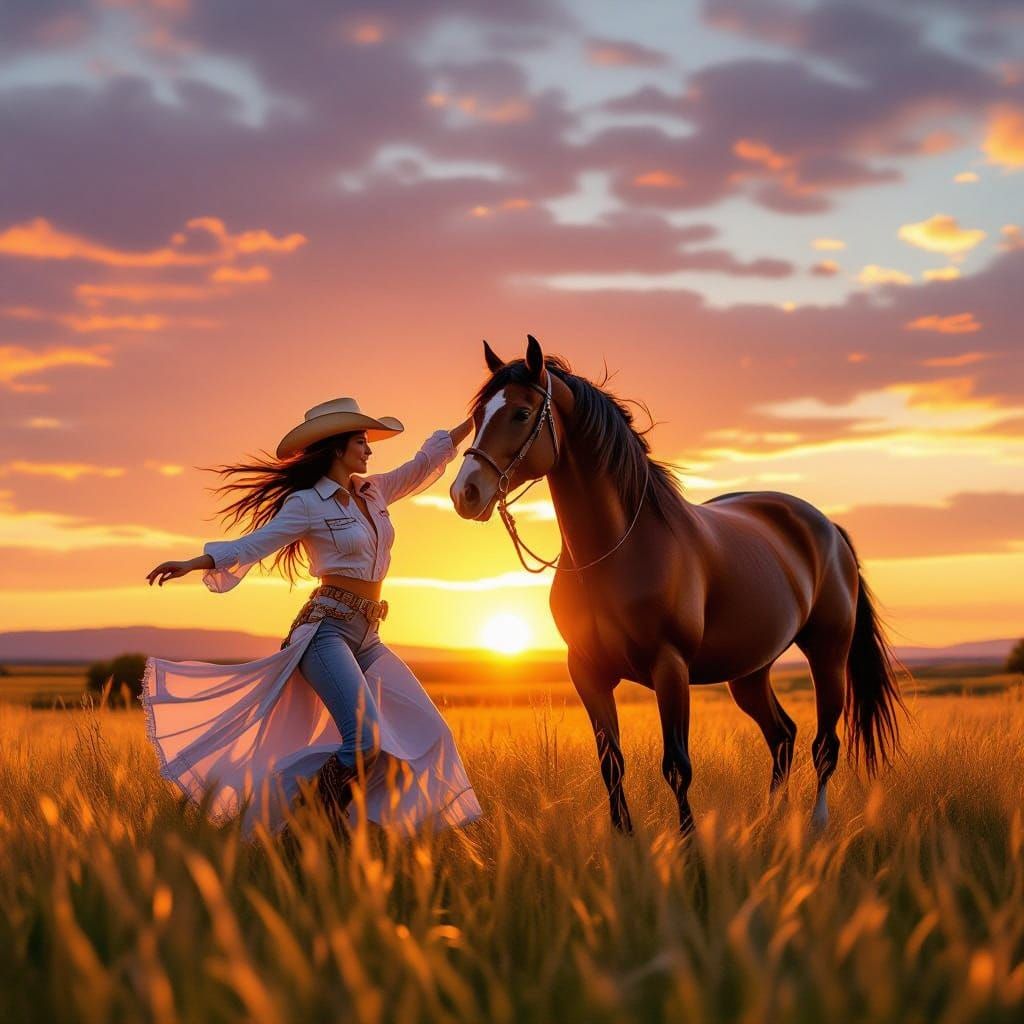 Cowgirl Dances with Horse at Sunrise
