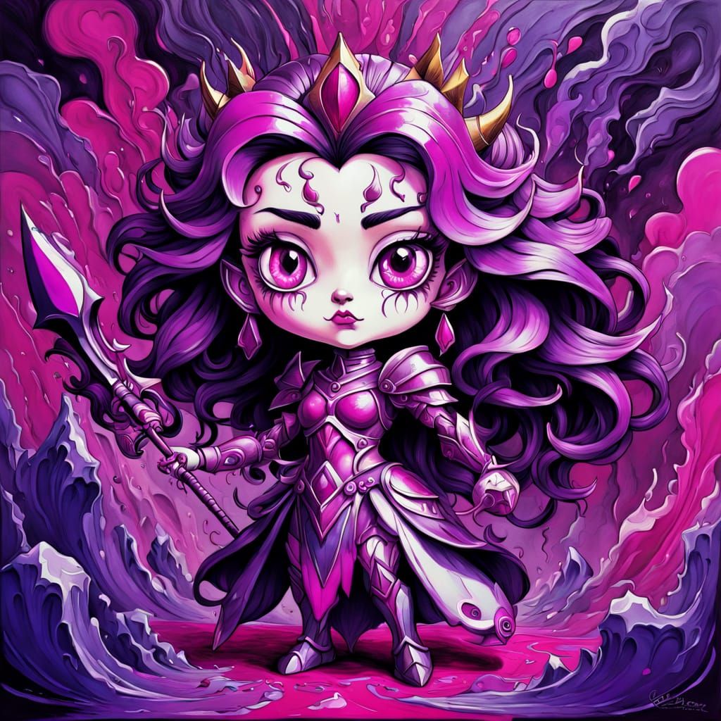 Chibi Warrior Queen in Abstract Surreal Oil Painting