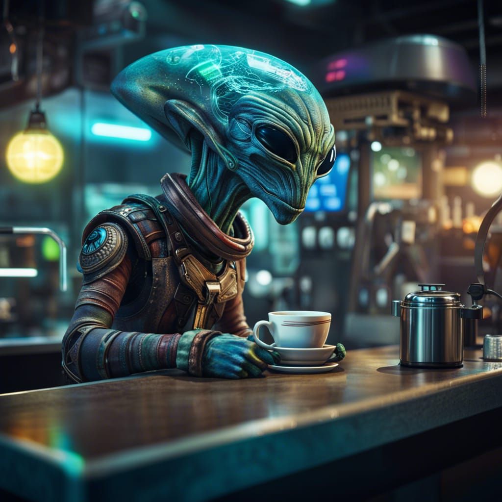 Hipster Alien Barista in Dystopian Spaceport