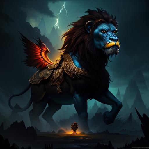 Fantasy Creatures in Stormy, Rainbow-Lit Landscape