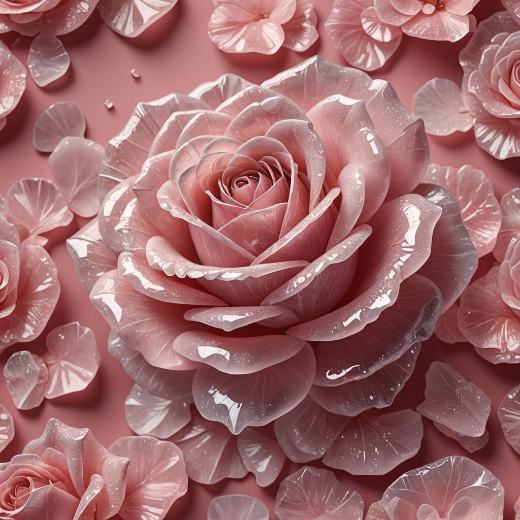 Rose Quartz Rose in Hyperrealistic Splash Art