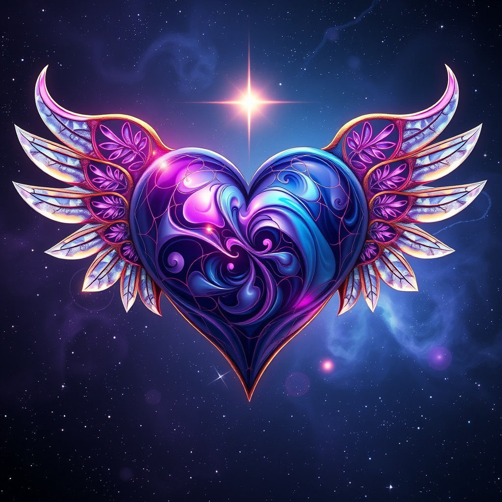 Celestial Heart with Crystalline Wings in 3D