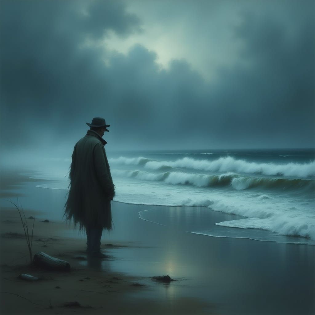 Desolate Beach: Lone Figure in Neo-Noir Twilight