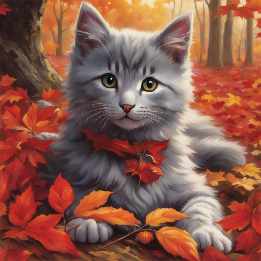 Fluffy Gray Kitten Amongst Red Autumn Leaves