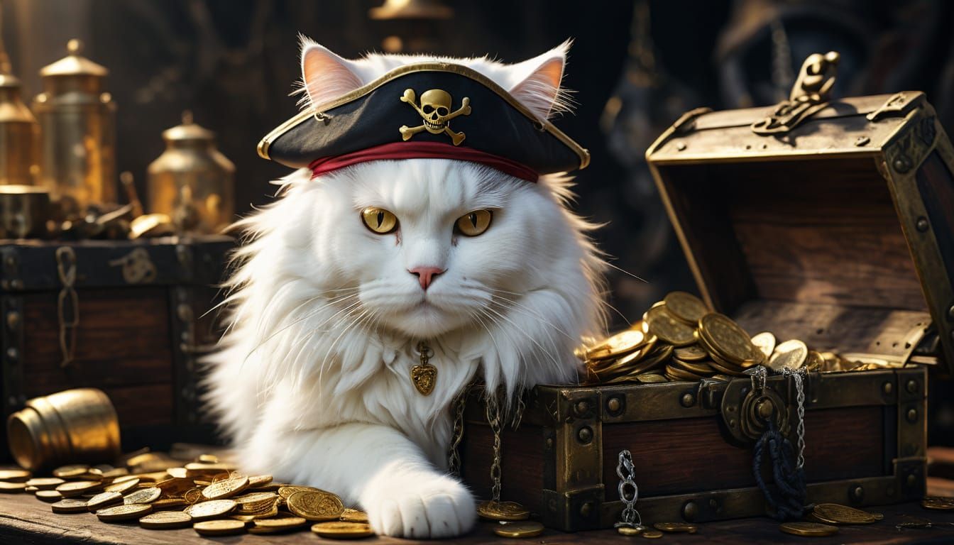 Pirate Cat Guarding Treasure Chest as Digital Art