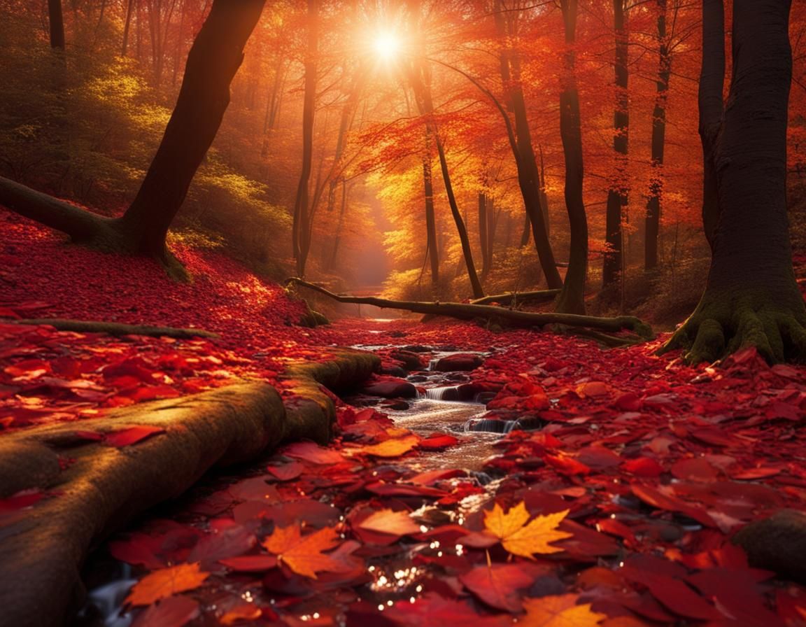 Autumn Forest at Magic Hour with Volumetric Lighting