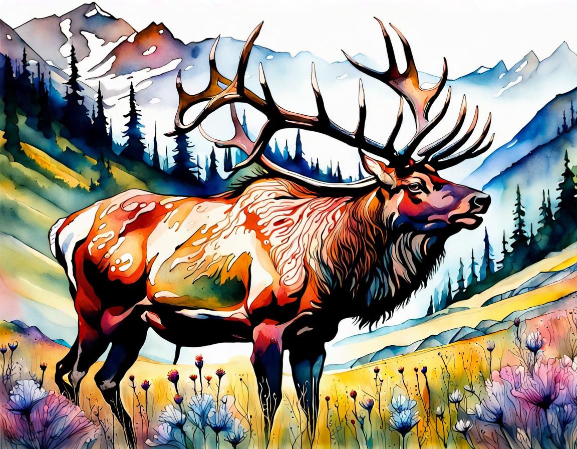 Majestic Bull Elk in Mountain Meadow, Watercolor Style