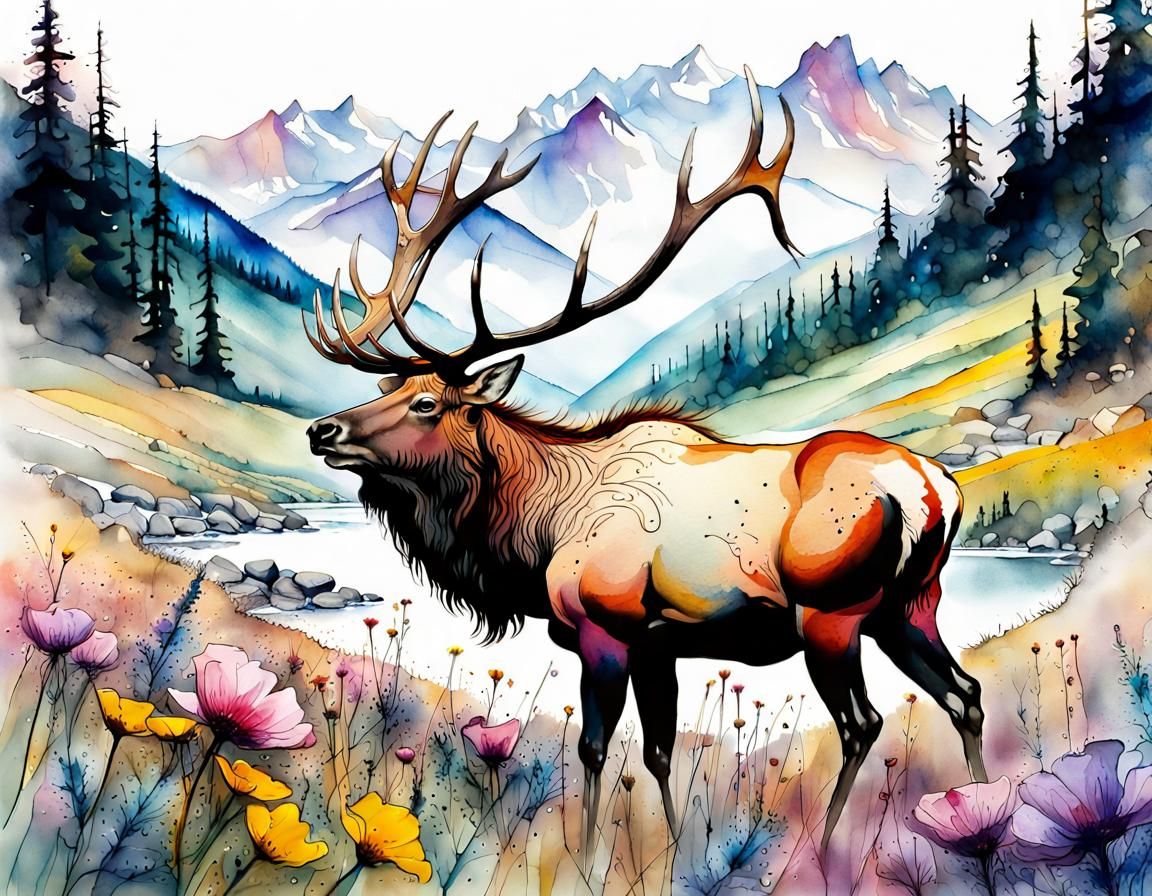 Majestic Elk in Mountain Meadow: Watercolor Art