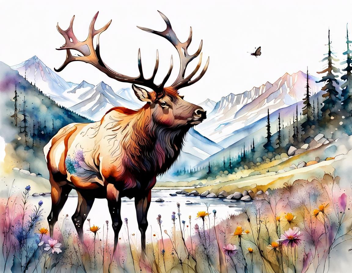 Majestic Bull Elk in Mountain Meadow, Watercolor Art