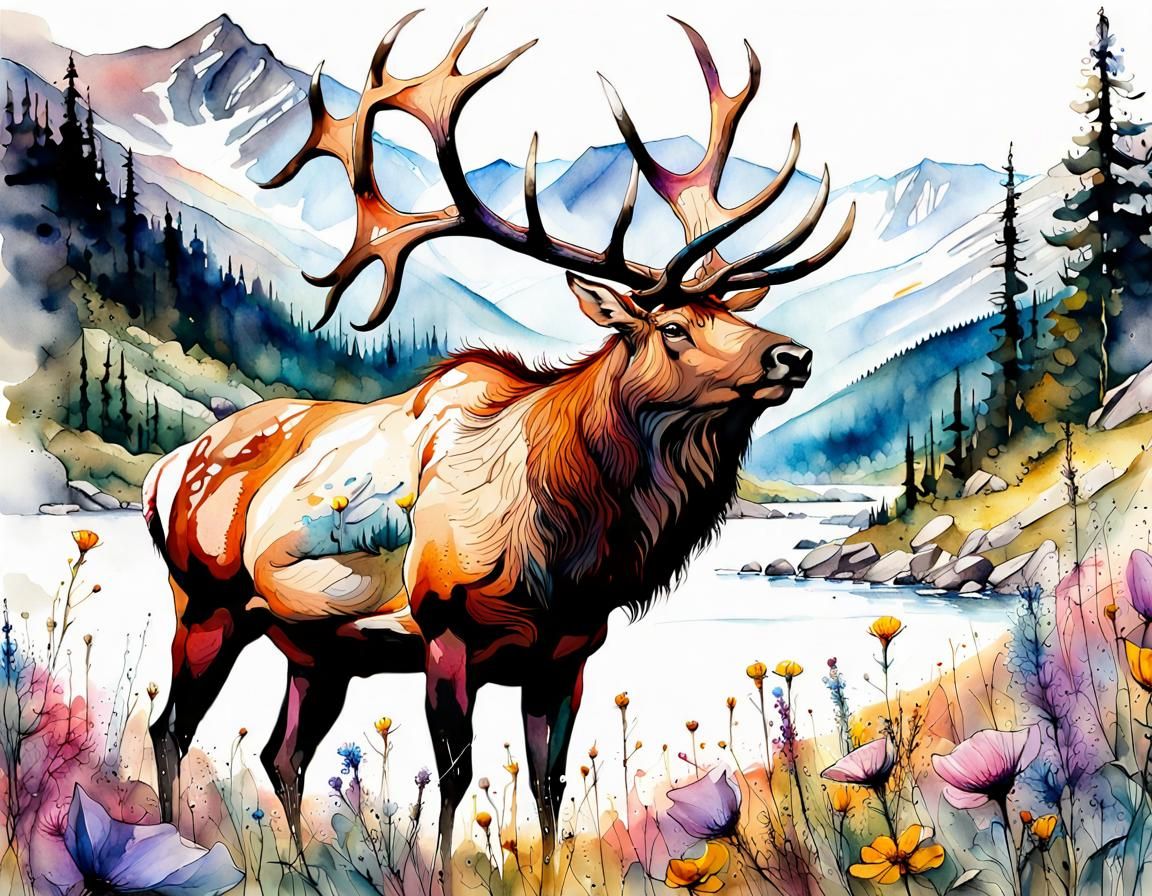 Majestic Bull Elk in Mountain Meadow, Watercolor Style