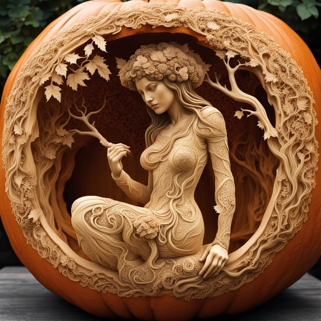 Intricate Dryad Carving on a Pumpkin