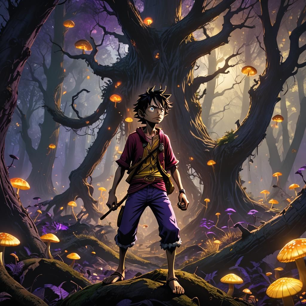 Luffy in Dark Mystical Forest, Dark Fantasy Art