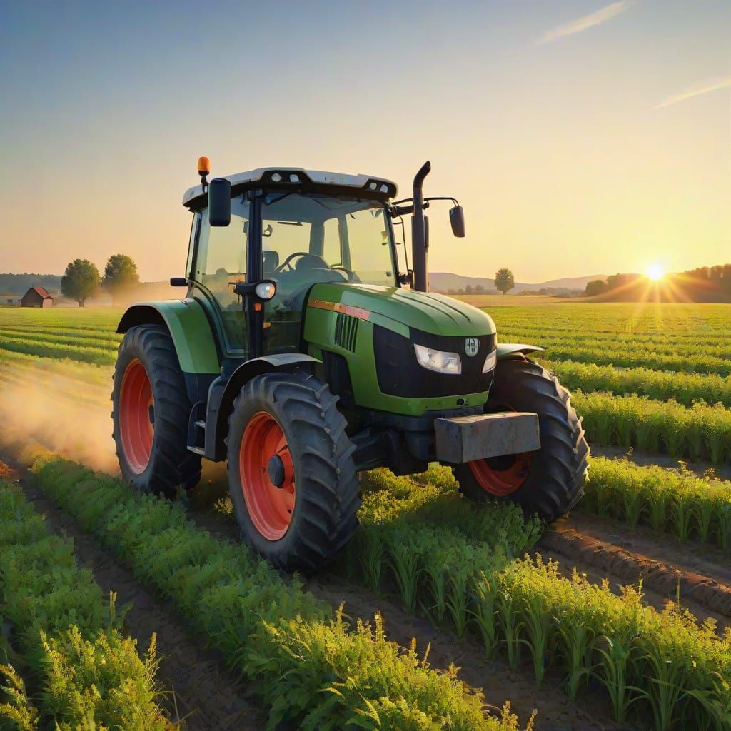 Farmer with Tractor in Wheat Field, Impressionistic Style