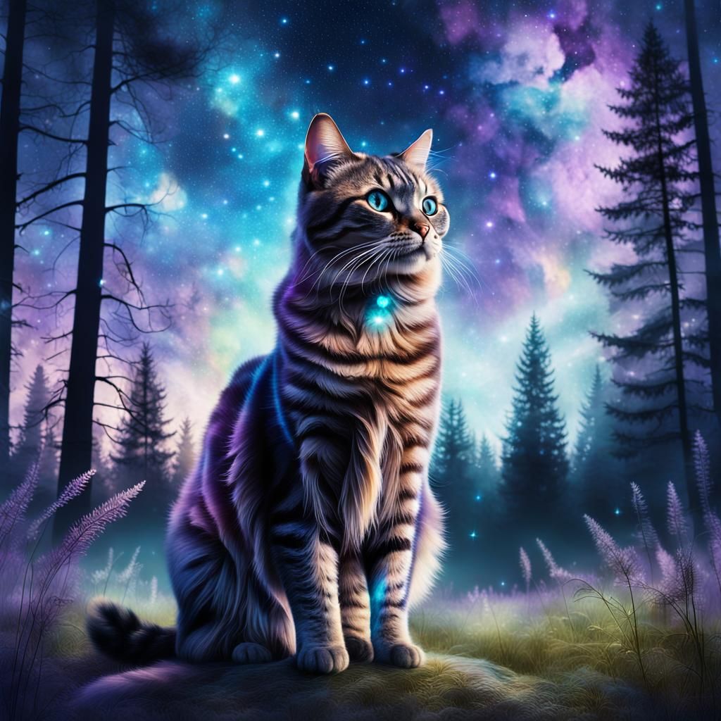Double Exposure Cat with Bioluminescent Forest