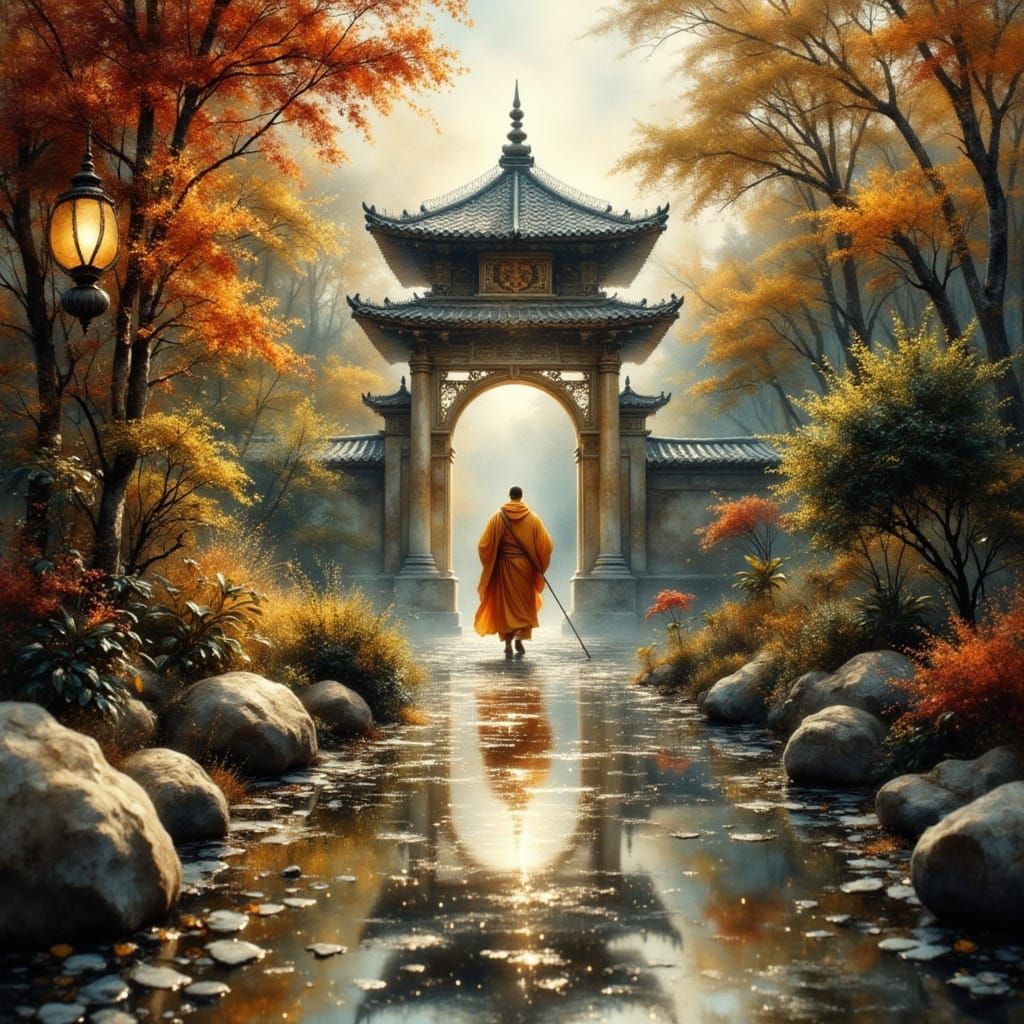 Monk Approaches Temple Gate in Spring Zen Garden