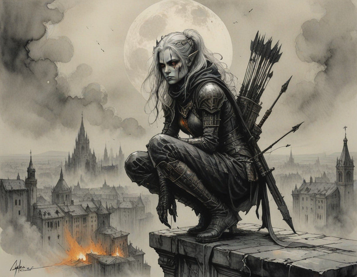 Huntress of Shadows in Modern Ink Painting Style