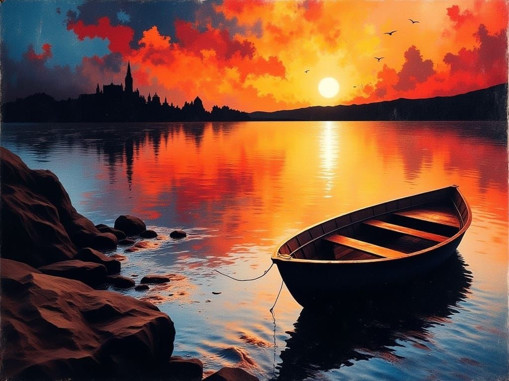 Abstract Sunset Boat in Cubist Style