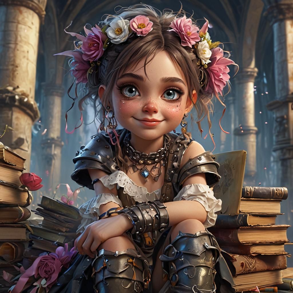 Whimsical Punk Girl in Futuristic Library: Digital Art