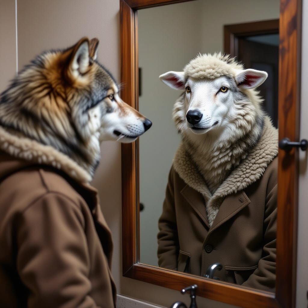 Wolf Sees Sheep Reflection in Mirror