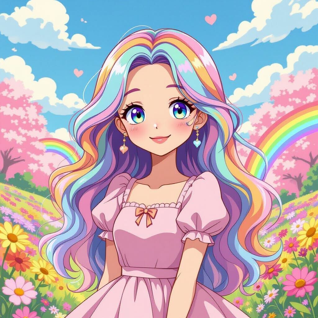 Anime Girl with Rainbow Hair in Whimsical World
