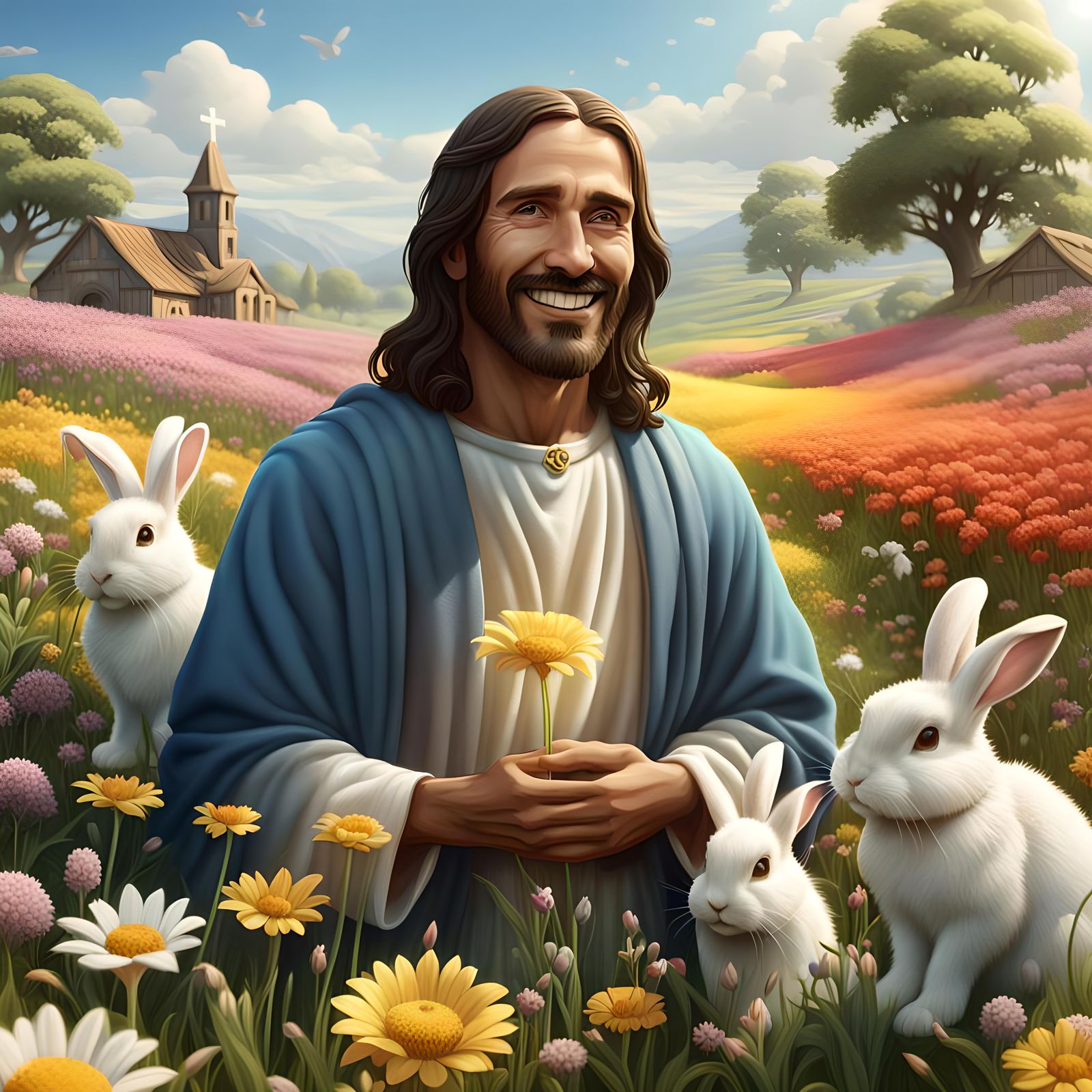 Jesus in Flower Field with Bunnies: Detailed Matte Painting