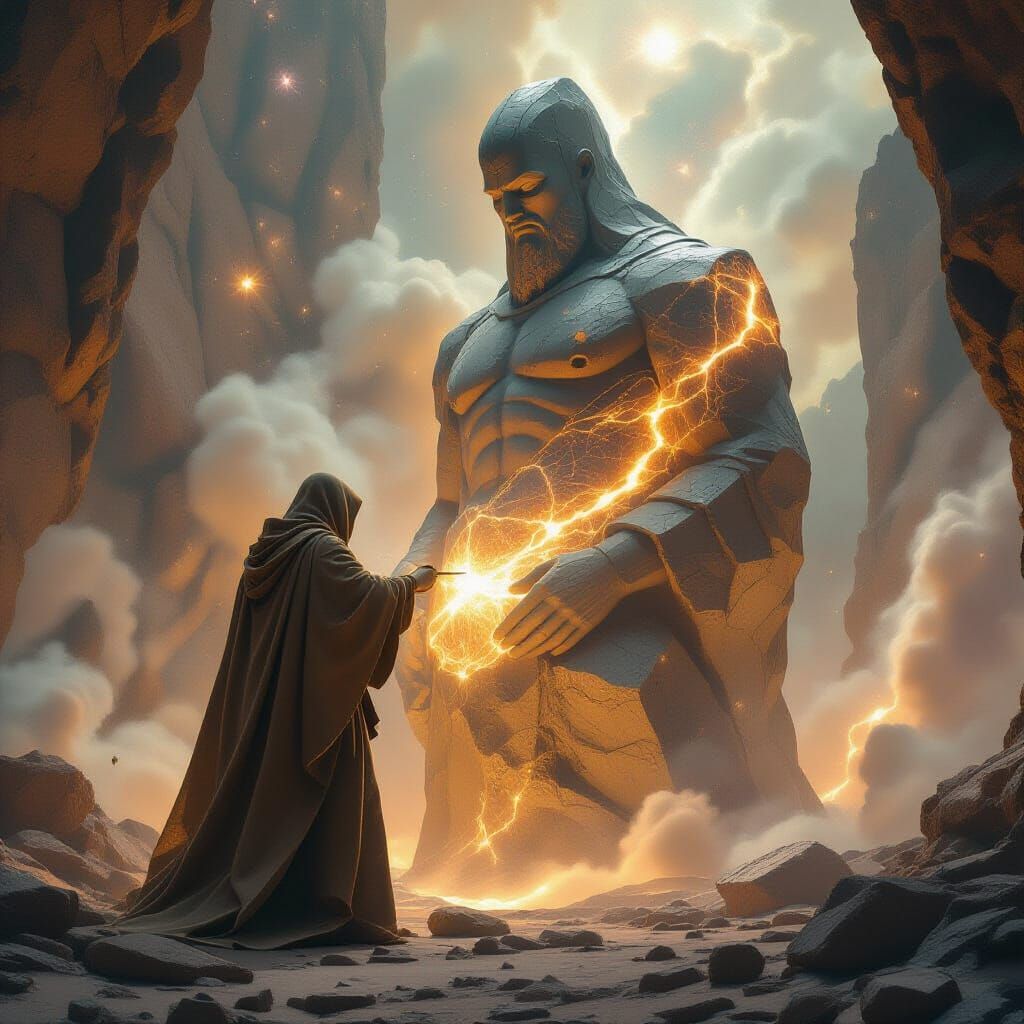 Cosmic Sculptor Carving Asteroid Statue in Nebula